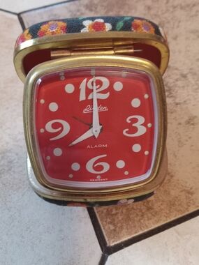 Linden Red Face Travel Alarm Clock with Gold Trim. Made In Germany